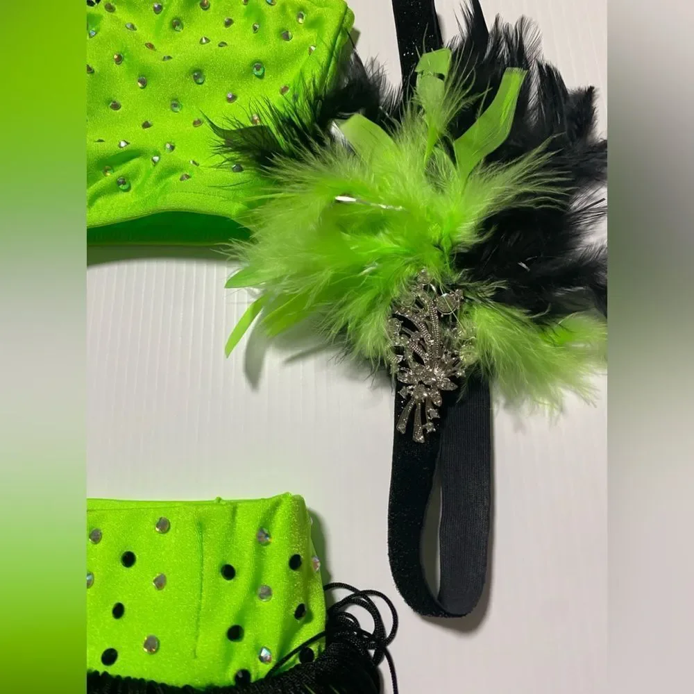 Glamour solo dance costume leotard neon green embellished rhinestoned SA adult